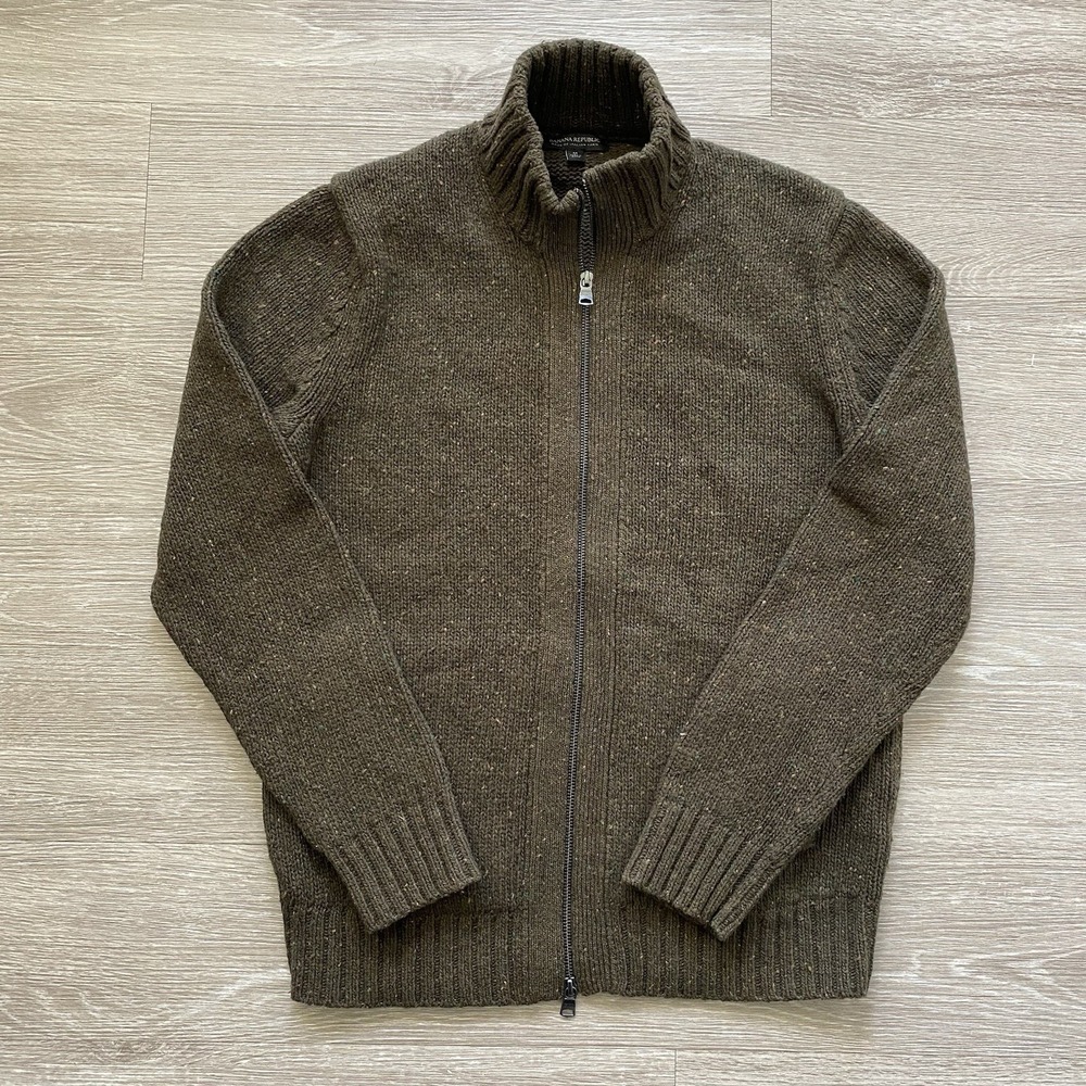 Banana Republic Knit Wool Mock Neck Sweater Men's M Green Tweed Italian Yarn